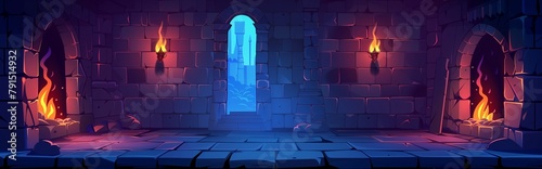Mystical castle interior. The vibrant illustration depicts a dungeon passage with stone walls, glowing torches, and a gateway to a magical realm.