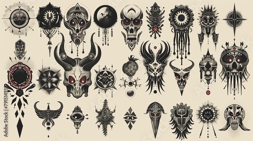 Neo-tribal gothic set. An intricate collection of dark-themed illustrations, featuring skulls, mystical symbols, and tribal elements in a monochrome palette, ideal for tattoos or edgy designs.