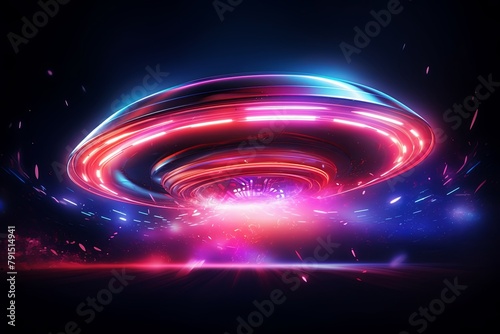 Glow neon of ufo flying, unidentified flying object, or aliens saucer spaceship flying in the city sky. Generative AI.