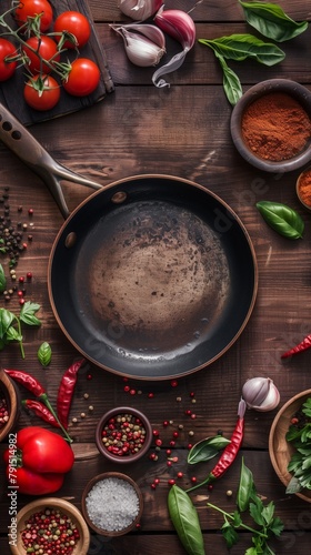 A top view of cooking ingredients and a skillet on a wooden background.