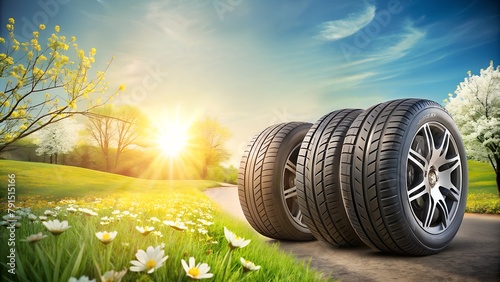 Rolling Summer Tires in Blooming Spring - Getting Ready for Summer
