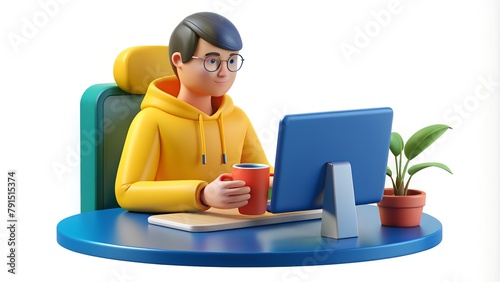 Relaxed Programmer: Young Coder Enjoys Coffee at Blue Computer Desk in Yellow Hoodie