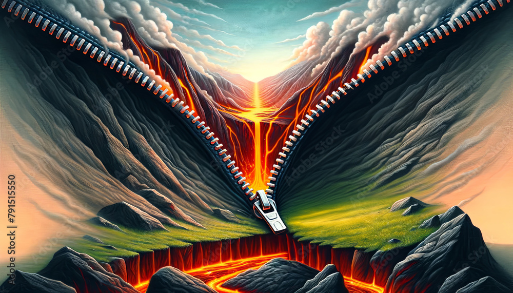 Obraz premium A painting of a mountain range with a lava flow and a car driving through it