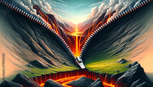A painting of a mountain range with a lava flow and a car driving through it