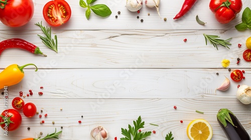 Assorted fresh vegetables and herbs placed on a white wooden background