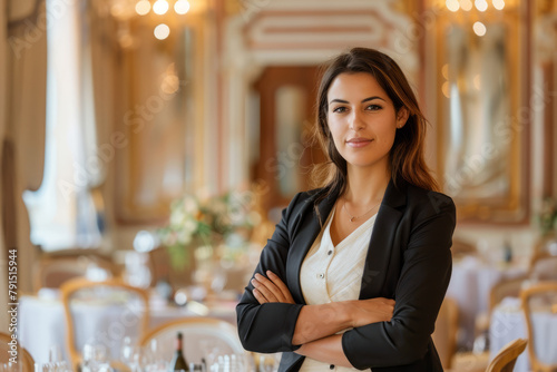 Portrait of a poised event planner, standing in an elegant venue, arms crossed, orchestrating the details for a memorable occasion. Looking into the camera