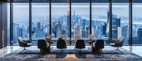 High-Rise Corporate Office with Panoramic View of the City at Night, Modern Interior Design with Sleek Furniture