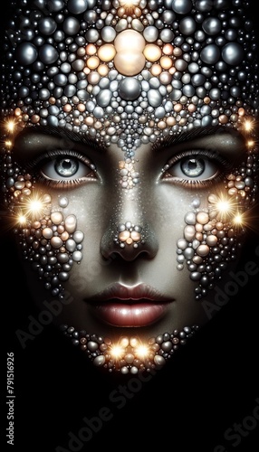 A woman's face is covered in small, shiny, metallic beads