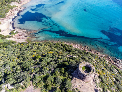 Aerial view of a sighting tower by the sea in Porto Ferro shore © Gabriele Maltinti