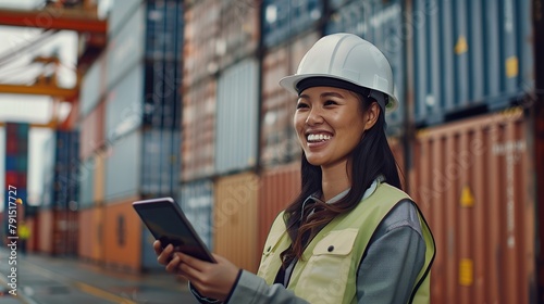 Smiling Portrait of a Beautiful Latin Female Industrial Engineer in White Hard Hat, High-Visibility Vest Working on Tablet Computer. copy space for text.