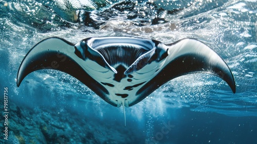 Closeup of a majestic manta ray gliding effortlessly through the water its massive wingspan and intricate patterns visible as it filters plankton from the water. . photo