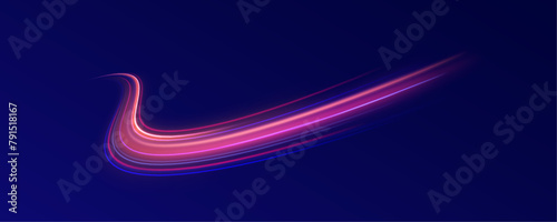 ong exposure of motorways as speed. Neon spiral lines in yellow blue and purple colors. Image of speed motion on the road.	