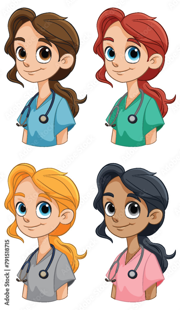 Four cartoon female doctors with different ethnicities Four cartoon female doctors with different ethnicities