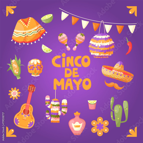 Cinco de Mayo holiday. Mexican culture symbols set