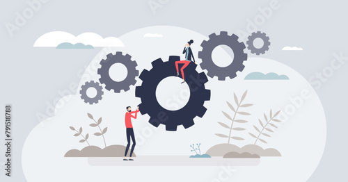 Workflow automation tools for work task optimization tiny person concept. Efficiency and productivity improvement with automatic process systems vector illustration. Effective work management.