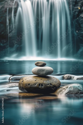 The serene beauty of a minimalist waterfall, with a gentle cascade of water flowing over smooth rocks. 