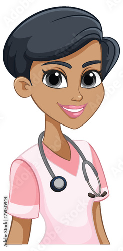 Vector of a smiling nurse in pink scrubs