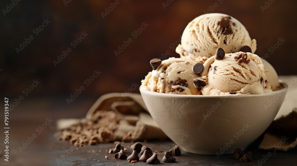 A bowl of chocolate chip ice cream with scattered chocolate pieces around it
