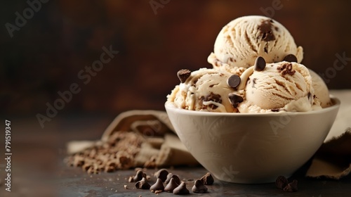 A bowl of chocolate chip ice cream with scattered chocolate pieces around it