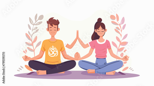 Man and woman meditate in lotus pose. Cartoon happy 