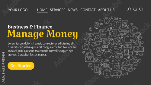 Money and payment methods, round composition, outline icon set. Manage money creative concept. Business and finance template for website. For banner, landing page. Vector illustration, flat style