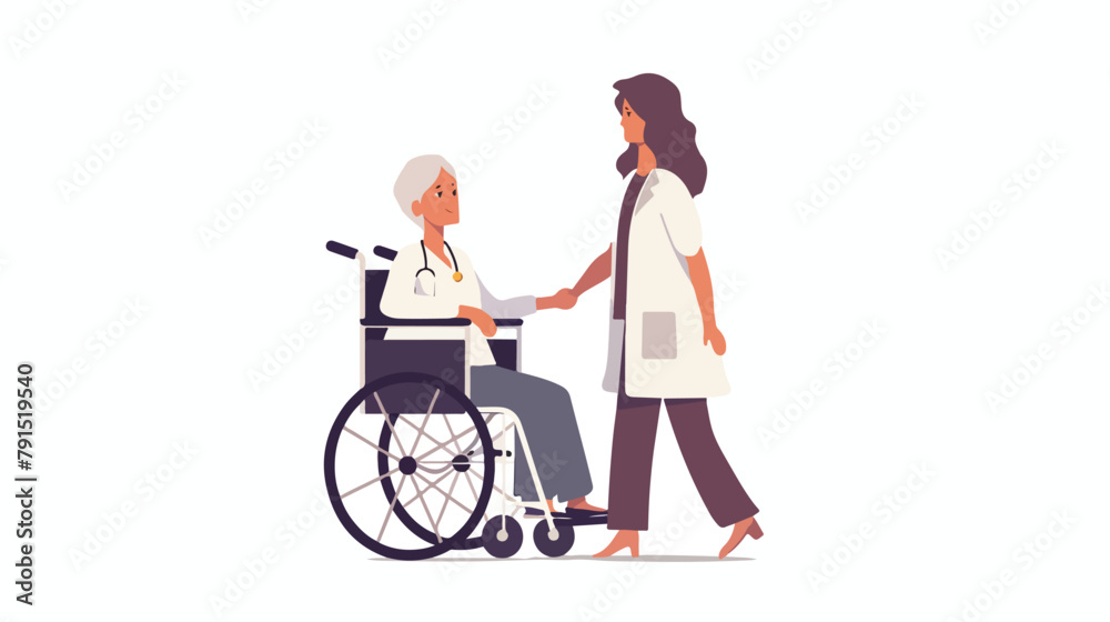Nurse strolling with elder grey haired woman in wheel