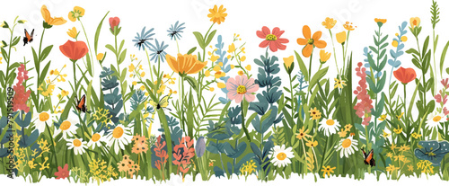 Beautiful wild meadow with flowers, butterflies and bees vector illustration on a white background