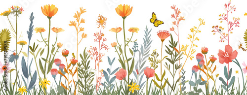 Beautiful wild meadow with flowers, butterflies and bees vector illustration on a white background