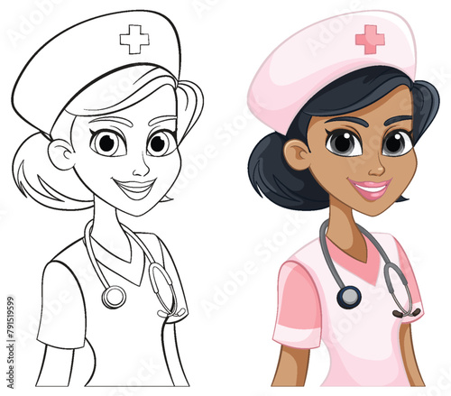 Two smiling nurses with stethoscopes in vector style.