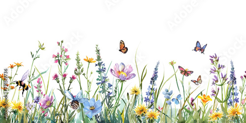 Beautiful wild meadow with flowers, butterflies and bees vector illustration on a white background