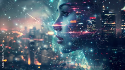 Double exposure photograph of a woman, cityscape and stars background © Pixel Palette