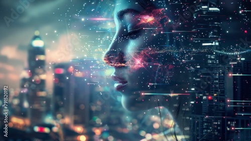 Double exposure photograph of a woman, cityscape and stars background