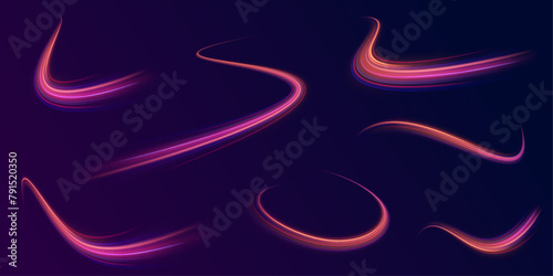 Big set of light neon lines in the form of swirl and spirals. Long exposure of motorways as speed. Neon spiral lines in yellow blue and purple colors. photo