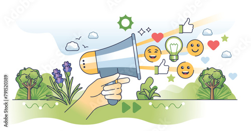 Constructive feedback and customer experience response outline hands concept. Communication as reviews and reactions from loudspeaker as public opinion sharing vector illustration. Service quality.