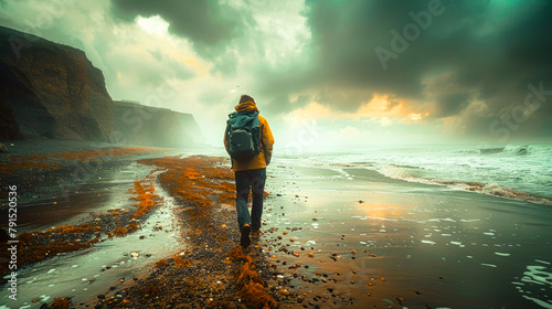 A photographer is looking for subjects on the beach