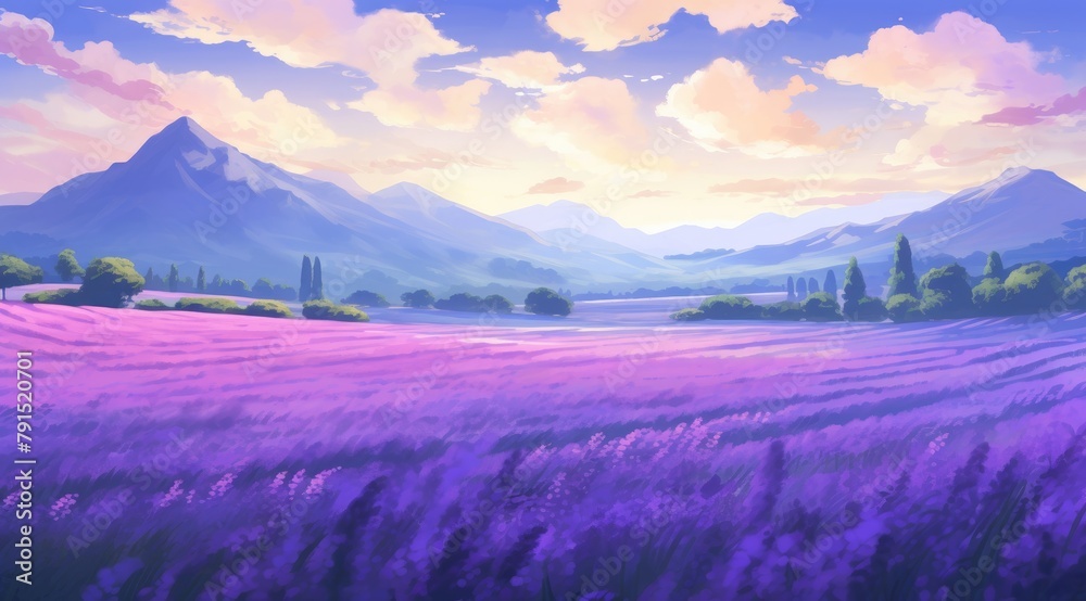 Moonlit lavender fields with mountain silhouettes and tranquil waters