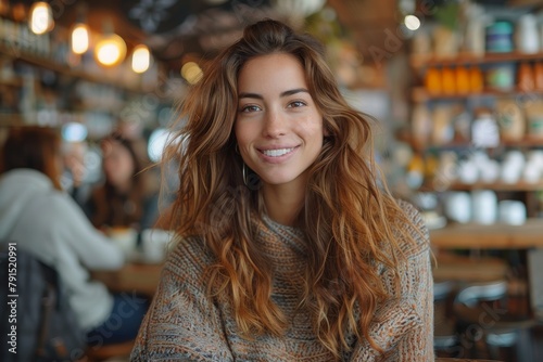 An appealing image of a radiant young woman with long hair smiling in a cozy cafeteria setting, exuding happiness
