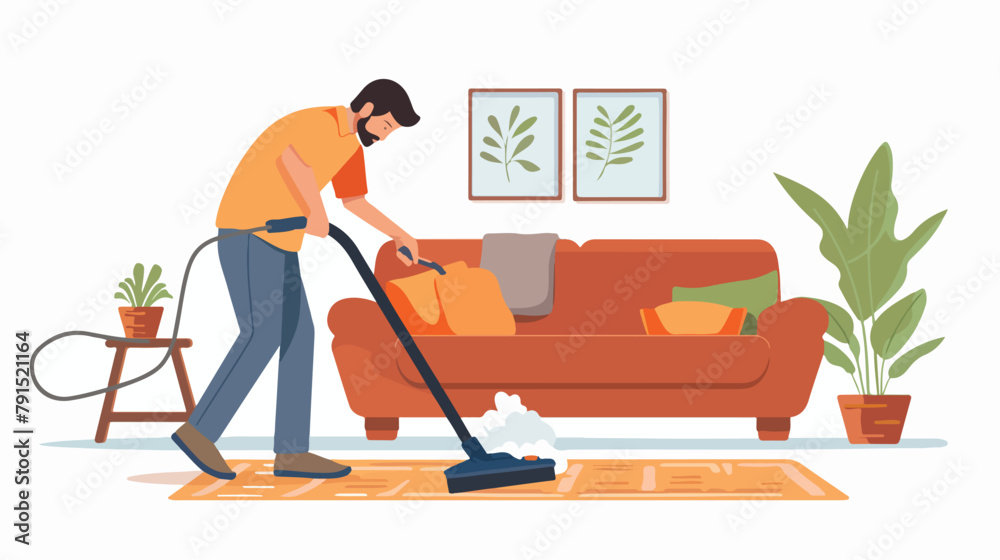 Man vacuuming the flooring the living room. Vector 