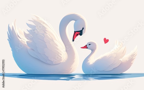 A beautiful swan and her cygnet are swimming in a lake. photo