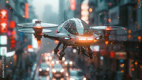 A high-tech drone with illuminated elements flies through a dense urban environment, signaling a new era of sophisticated urban surveillance and transport. photo