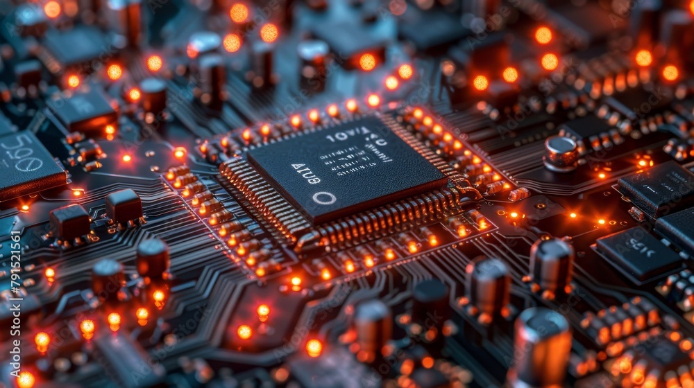 A close up of a computer chip with orange glowing lights on a black background A close up of a computer chip with orange glowing lights on a black background