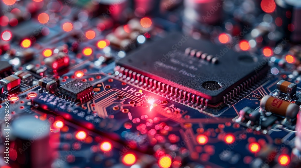 A close up of a computer chip with red lights.