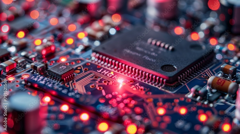 A close up of a computer chip with red lights. A close up of a computer chip with red lights.