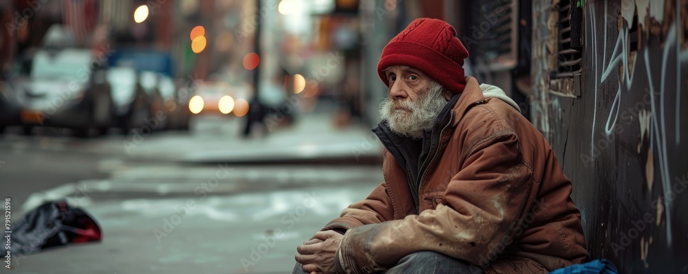 homeless man sitting alone on the pavement, with a bleak urban background symbolizing hardship.