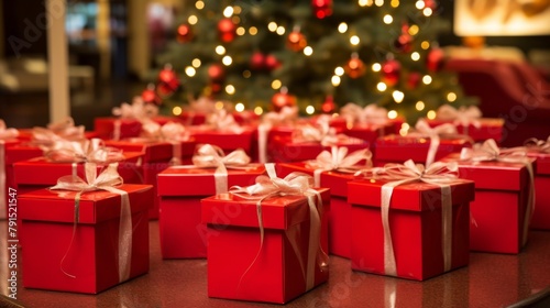 Festive rich red donation boxes set up at a holiday event, encouraging attendees to contribute financially to charity, embodying the spirit of giving photo