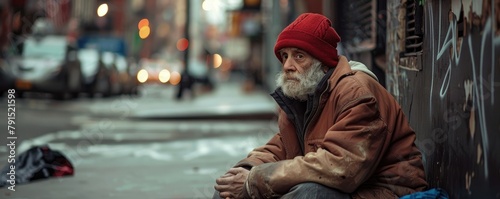 homeless man sitting alone on the pavement, with a bleak urban background symbolizing hardship.
