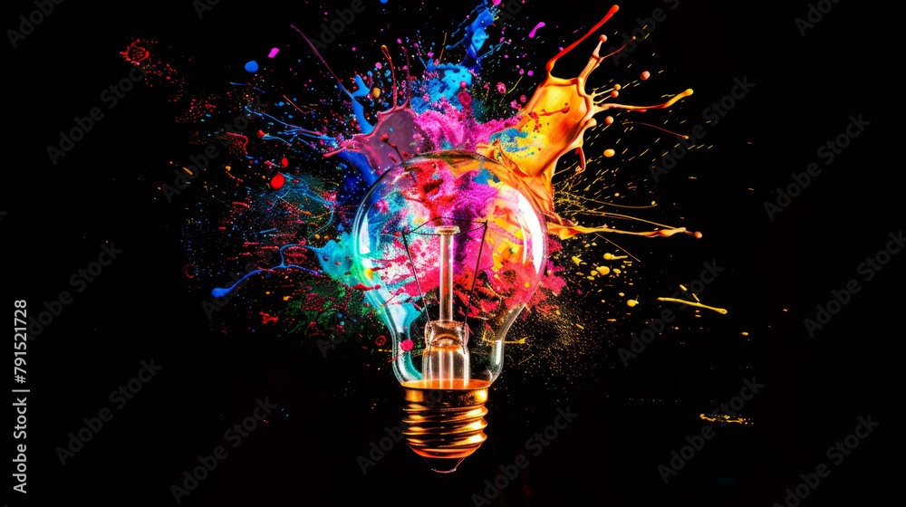 A creative light bulb exploding with colorful paint and splashes on a black background. Concept for thinking differently and creative ideas. A creative light bulb exploding with colorful paint and splashes on a black background. Concept for thinking differently and creative ideas.
