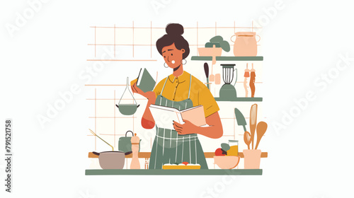 Mature woman in apron is reading a book with recipes