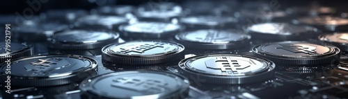 Closeup of metallic silver digital coins on a virtual screen, representing cryptocurrency, a progressive form of digital currency that merges technology with financial systems