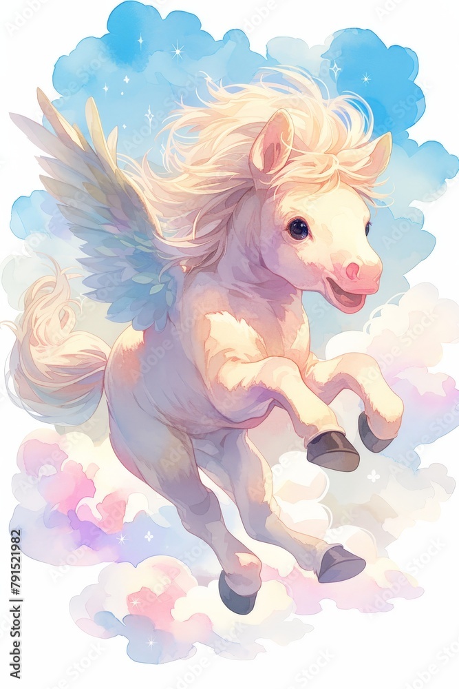 A cute cartoon flying pony with a white mane and pink wings is flying through a sky full of clouds. A cute cartoon flying pony with a white mane and pink wings is flying through a sky full of clouds.
